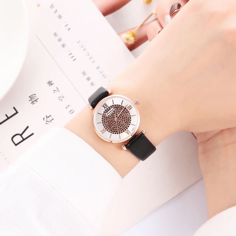 Deffrun Roman Number Crystal Elegant Design Dame Watch Leather Band Quartz Klokker