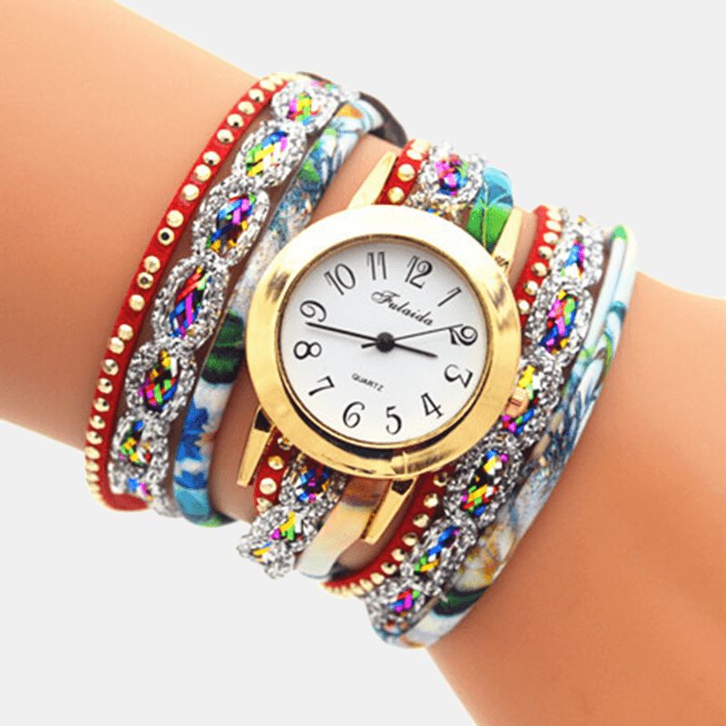 Deffrun Vintage Fargerik Utskrift Kvinner Armbånd Watch Multi-Layer Metal Rhinestone Pu Kvartsklokke