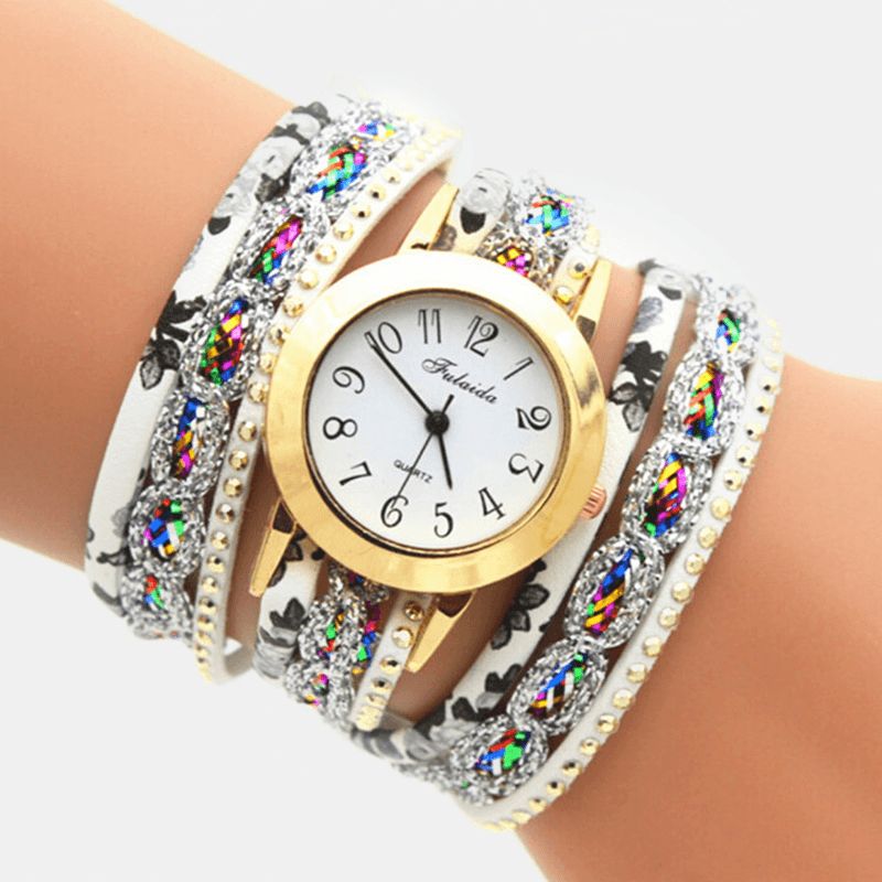 Deffrun Vintage Fargerik Utskrift Kvinner Armbånd Watch Multi-Layer Metal Rhinestone Pu Kvartsklokke