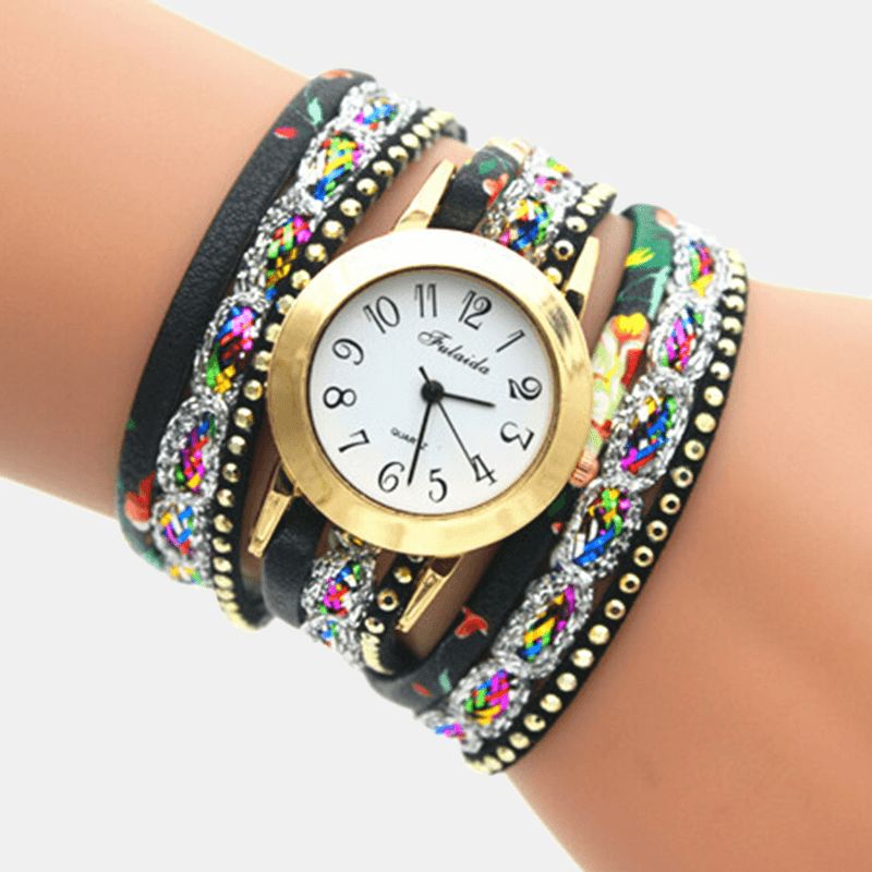 Deffrun Vintage Fargerik Utskrift Kvinner Armbånd Watch Multi-Layer Metal Rhinestone Pu Kvartsklokke