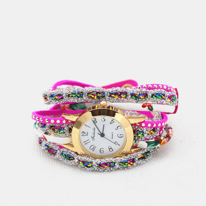 Deffrun Vintage Fargerik Utskrift Kvinner Armbånd Watch Multi-Layer Metal Rhinestone Pu Kvartsklokke