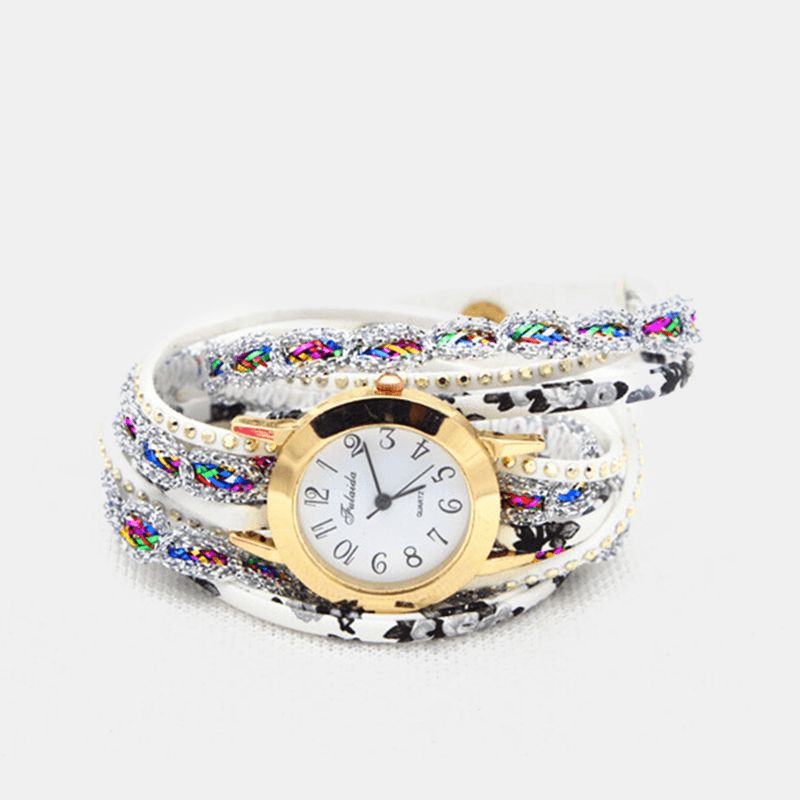 Deffrun Vintage Fargerik Utskrift Kvinner Armbånd Watch Multi-Layer Metal Rhinestone Pu Kvartsklokke