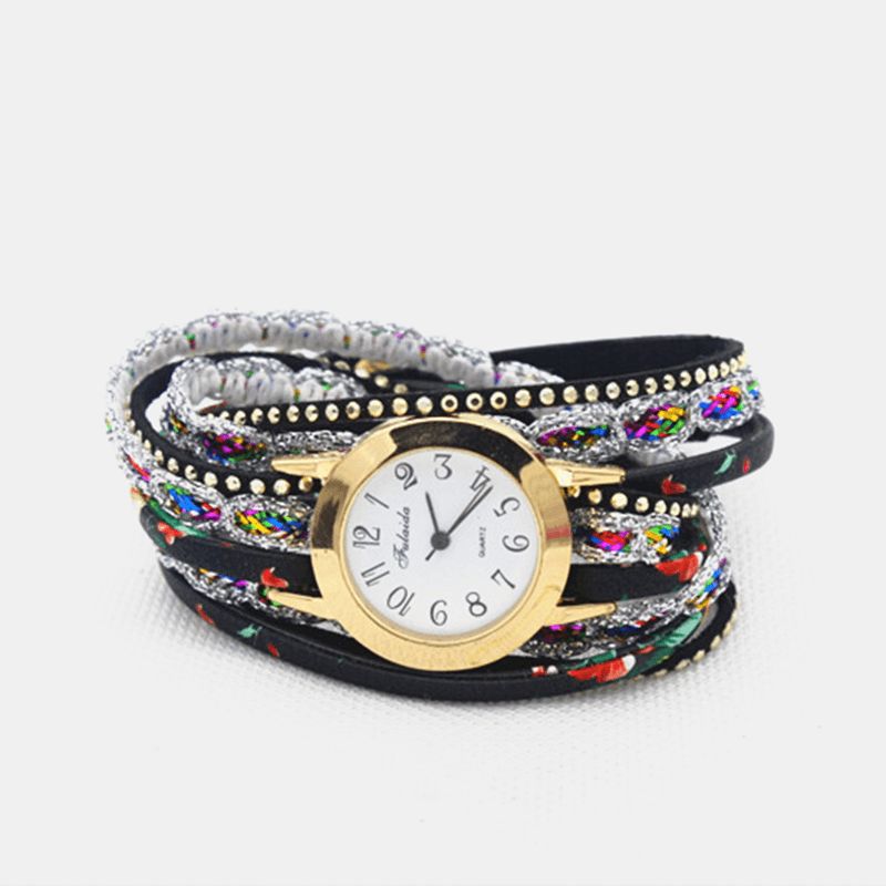 Deffrun Vintage Fargerik Utskrift Kvinner Armbånd Watch Multi-Layer Metal Rhinestone Pu Kvartsklokke