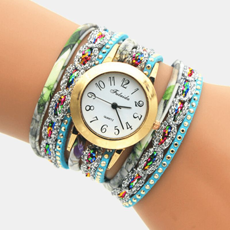 Deffrun Vintage Fargerik Utskrift Kvinner Armbånd Watch Multi-Layer Metal Rhinestone Pu Kvartsklokke