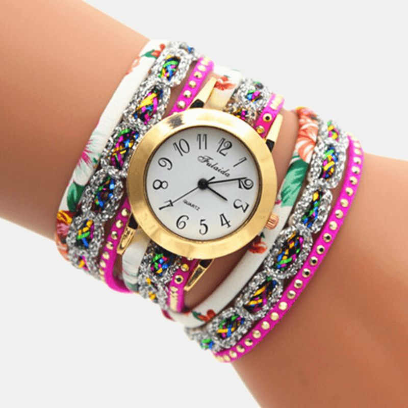 Deffrun Vintage Fargerik Utskrift Kvinner Armbånd Watch Multi-Layer Metal Rhinestone Pu Kvartsklokke