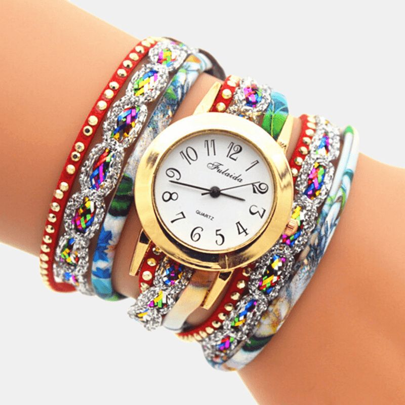 Deffrun Vintage Fargerik Utskrift Kvinner Armbånd Watch Multi-Layer Metal Rhinestone Pu Kvartsklokke