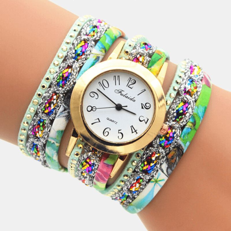 Deffrun Vintage Fargerik Utskrift Kvinner Armbånd Watch Multi-Layer Metal Rhinestone Pu Kvartsklokke