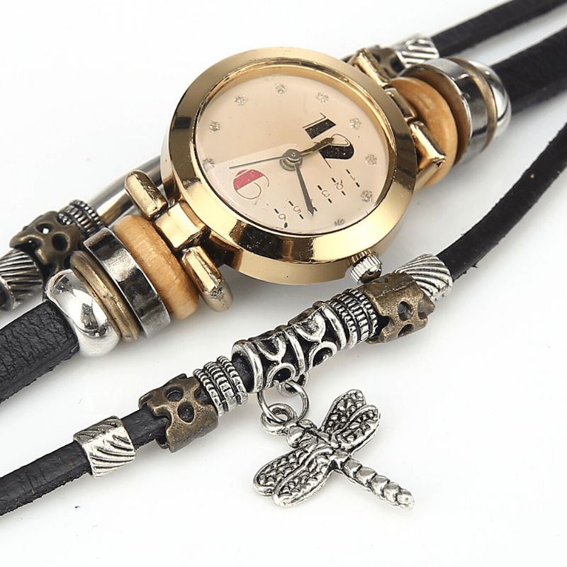 Deffrun Vintage Flerlags Kvinner Armbånd Watch Diamond Dragonfly Anheng Lær Band Kvarts Watch