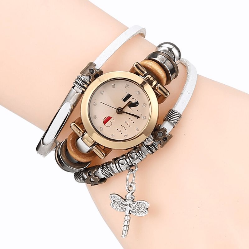 Deffrun Vintage Flerlags Kvinner Armbånd Watch Diamond Dragonfly Anheng Lær Band Kvarts Watch