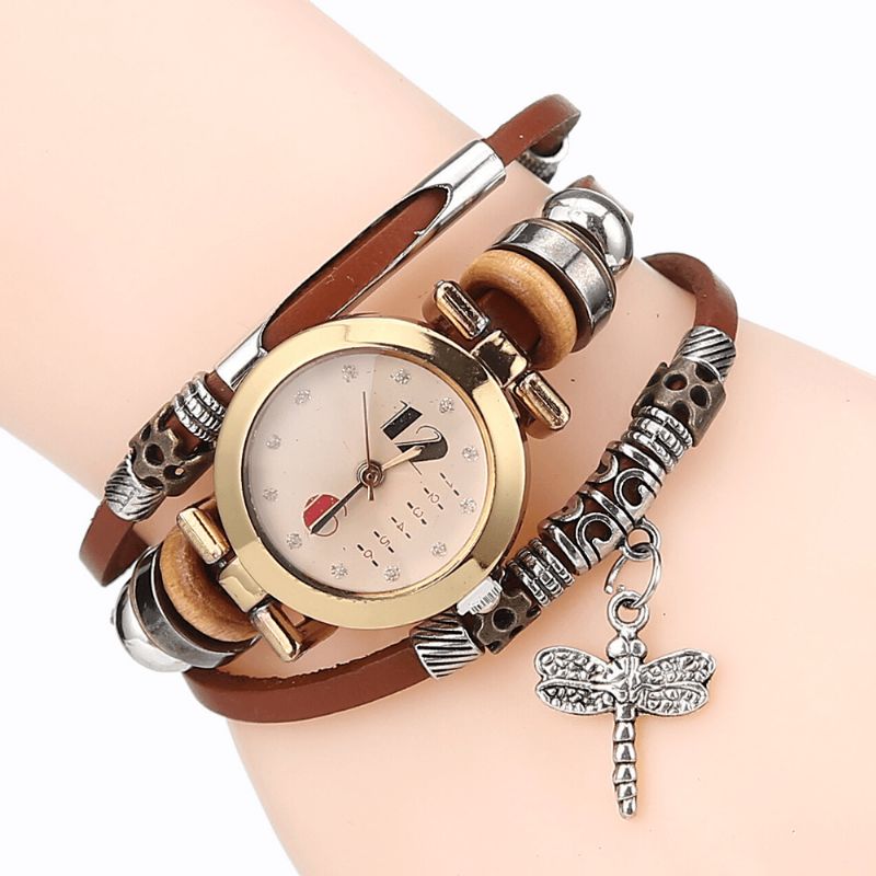 Deffrun Vintage Flerlags Kvinner Armbånd Watch Diamond Dragonfly Anheng Lær Band Kvarts Watch