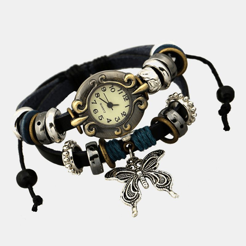 Deffrun Vintage Multilayer Cow Leather Dame Armbånd Watch Butterfly Pendant Kvartsklokke