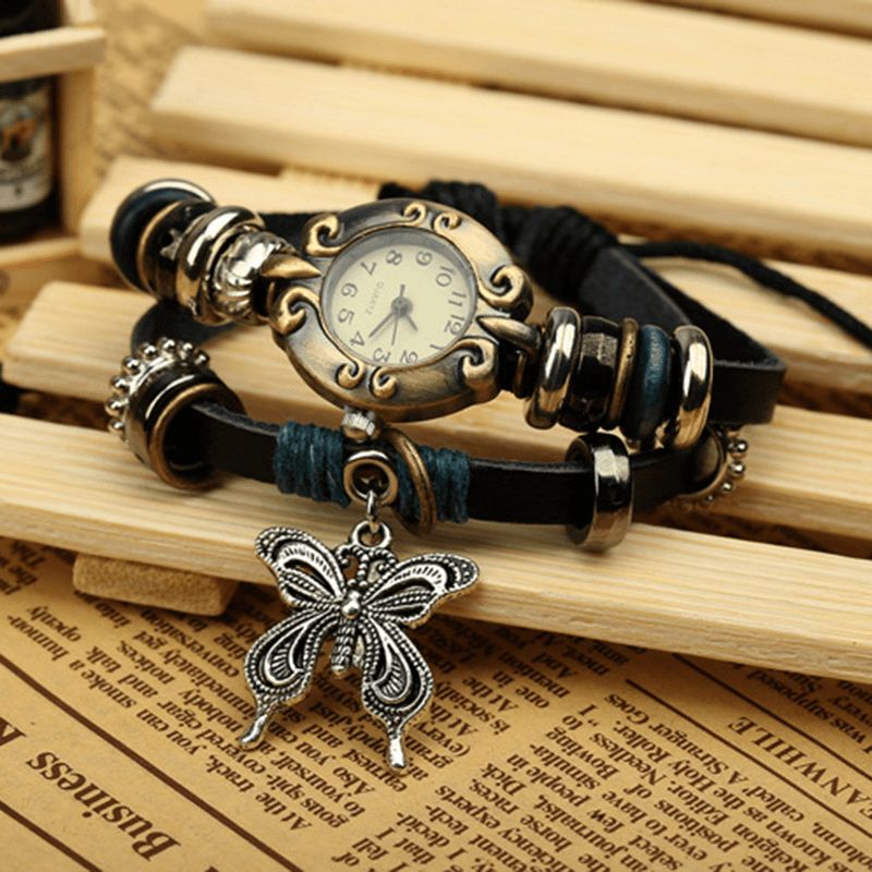 Deffrun Vintage Multilayer Cow Leather Dame Armbånd Watch Butterfly Pendant Kvartsklokke