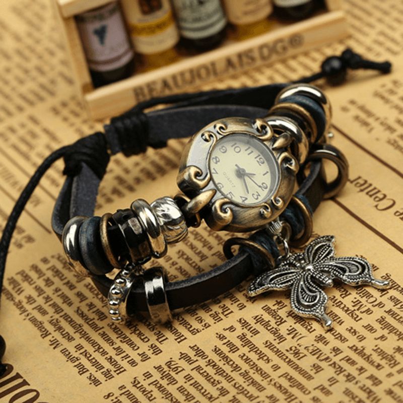 Deffrun Vintage Multilayer Cow Leather Dame Armbånd Watch Butterfly Pendant Kvartsklokke