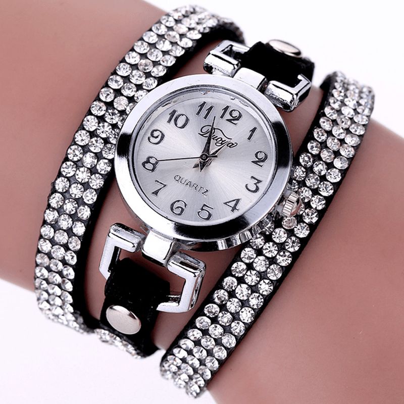 Duoya Casual Style Crystal Dame Armbåndsklokke Luksus Fine Leather Winding Kvarts Klokker