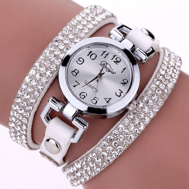 Duoya Casual Style Crystal Dame Armbåndsklokke Luksus Fine Leather Winding Kvarts Klokker