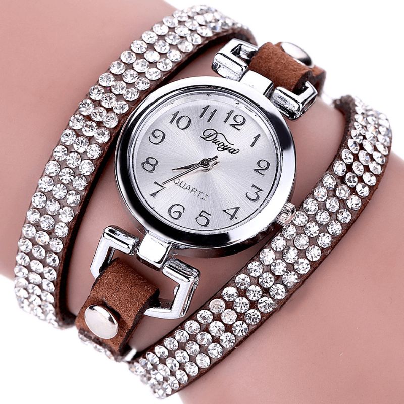 Duoya Casual Style Crystal Dame Armbåndsklokke Luksus Fine Leather Winding Kvarts Klokker