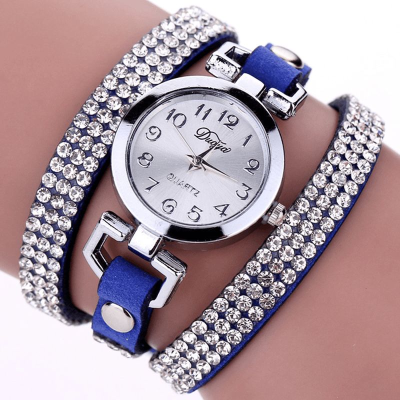 Duoya Casual Style Crystal Dame Armbåndsklokke Luksus Fine Leather Winding Kvarts Klokker