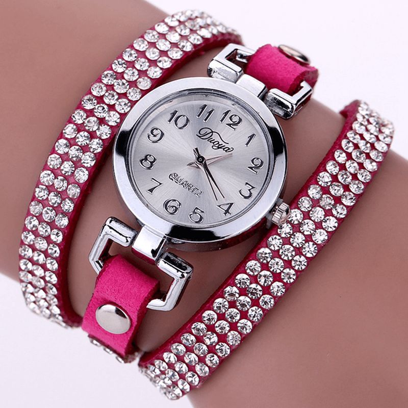 Duoya Casual Style Crystal Dame Armbåndsklokke Luksus Fine Leather Winding Kvarts Klokker