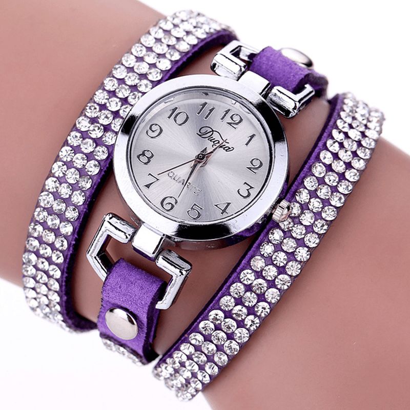 Duoya Casual Style Crystal Dame Armbåndsklokke Luksus Fine Leather Winding Kvarts Klokker