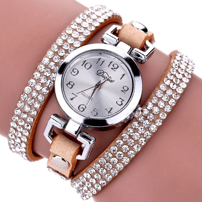 Duoya Casual Style Crystal Dame Armbåndsklokke Luksus Fine Leather Winding Kvarts Klokker