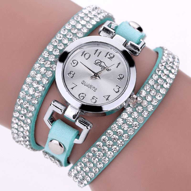 Duoya Casual Style Crystal Dame Armbåndsklokke Luksus Fine Leather Winding Kvarts Klokker