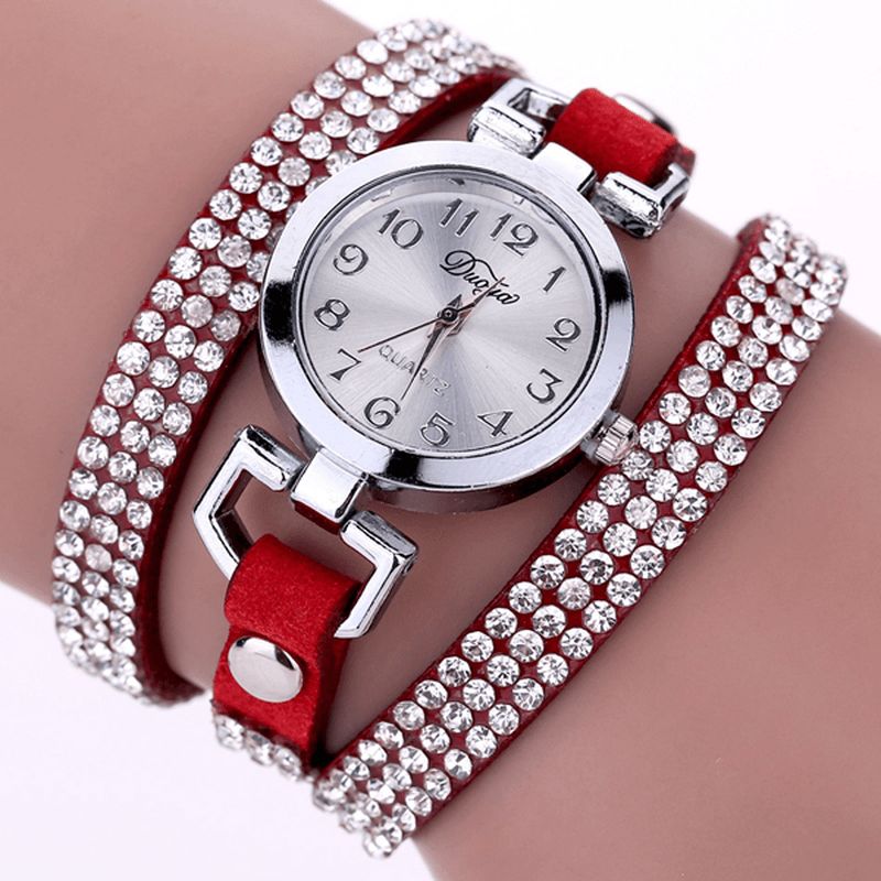 Duoya Casual Style Crystal Dame Armbåndsklokke Luksus Fine Leather Winding Kvarts Klokker