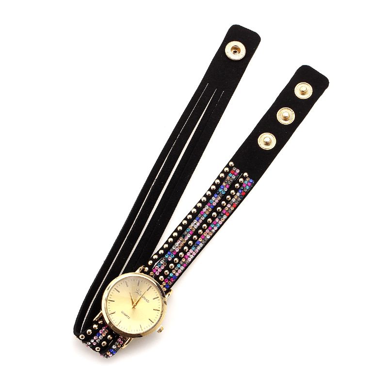 Duoya Casual Style Crystal Dame Armbåndsklokke Luksus Fine Leather Winding Kvarts Klokker