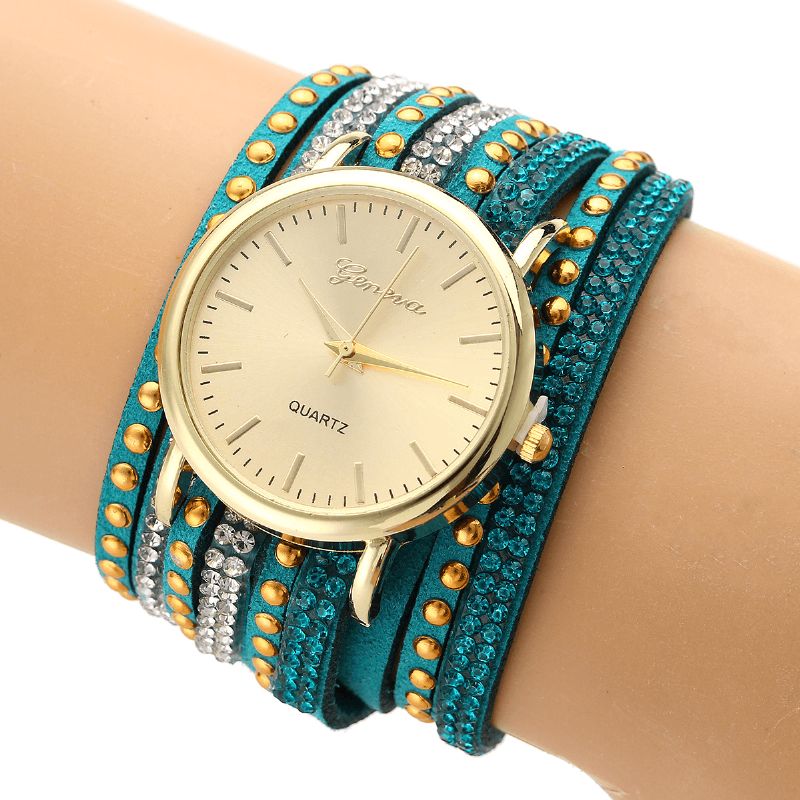 Duoya Casual Style Crystal Dame Armbåndsklokke Luksus Fine Leather Winding Kvarts Klokker