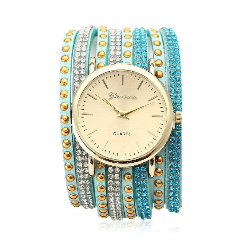 Duoya Casual Style Crystal Dame Armbåndsklokke Luksus Fine Leather Winding Kvarts Klokker