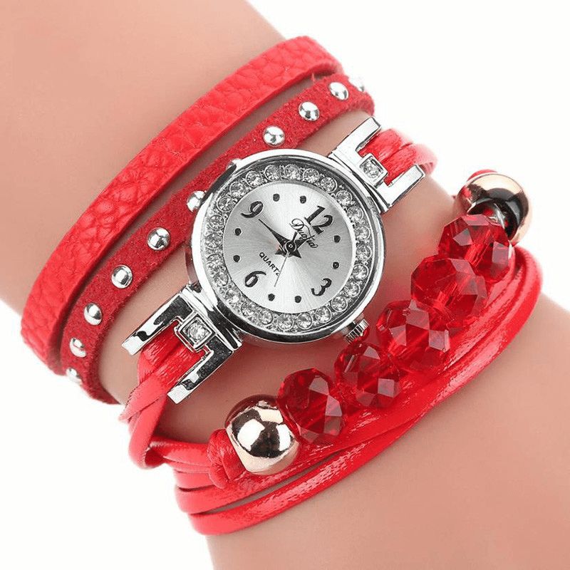 Duoya D214 Crystal Casual Style Dame Armbånd Watch Gave Lærreim Kvartsklokke