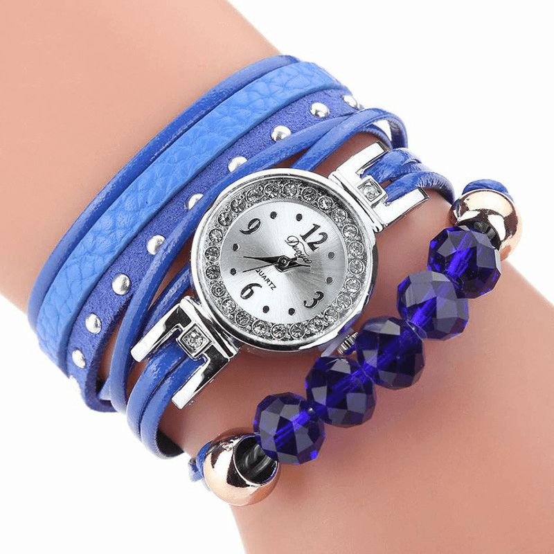 Duoya D214 Crystal Casual Style Dame Armbånd Watch Gave Lærreim Kvartsklokke