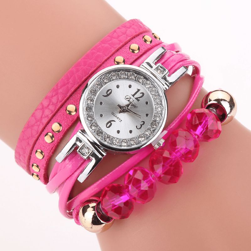 Duoya D214 Crystal Casual Style Dame Armbånd Watch Gave Lærreim Kvartsklokke