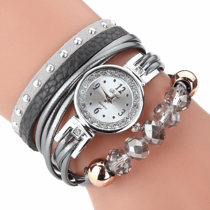 Duoya D214 Crystal Casual Style Dame Armbånd Watch Gave Lærreim Kvartsklokke