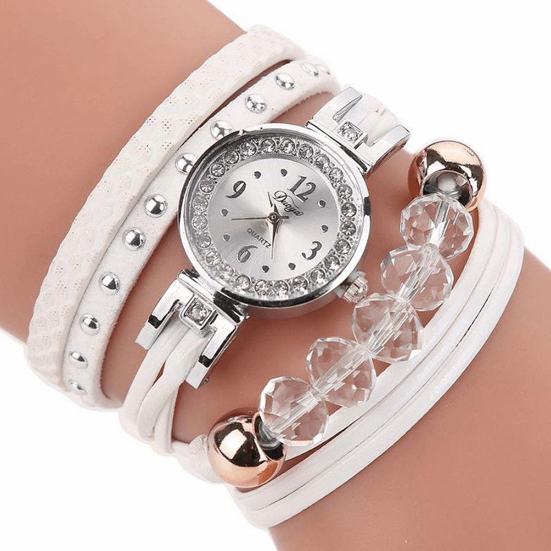 Duoya D214 Crystal Casual Style Dame Armbånd Watch Gave Lærreim Kvartsklokke