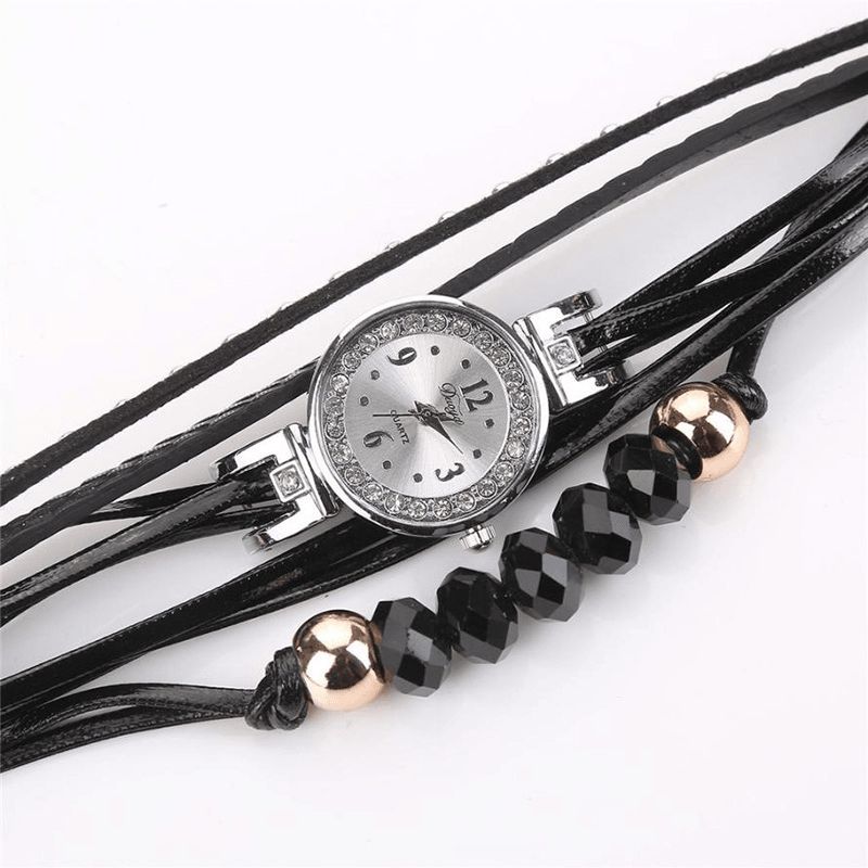 Duoya D214 Crystal Casual Style Dame Armbånd Watch Gave Lærreim Kvartsklokke