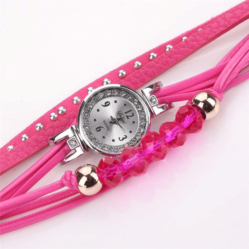 Duoya D214 Crystal Casual Style Dame Armbånd Watch Gave Lærreim Kvartsklokke