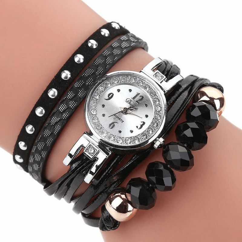 Duoya D214 Crystal Casual Style Dame Armbånd Watch Gave Lærreim Kvartsklokke