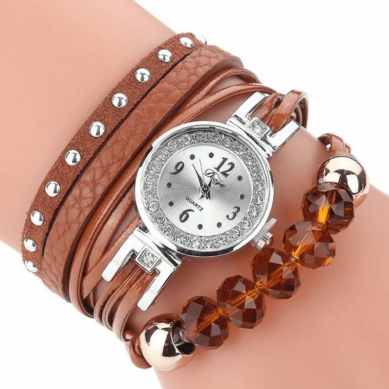 Duoya D214 Crystal Casual Style Dame Armbånd Watch Gave Lærreim Kvartsklokke