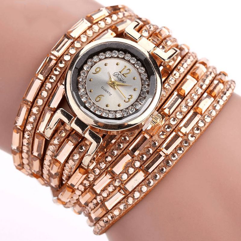 Duoya Dy004 Crystal Casual Style Dame Armbånd Klokke Gull Case Quartz Movement Watches