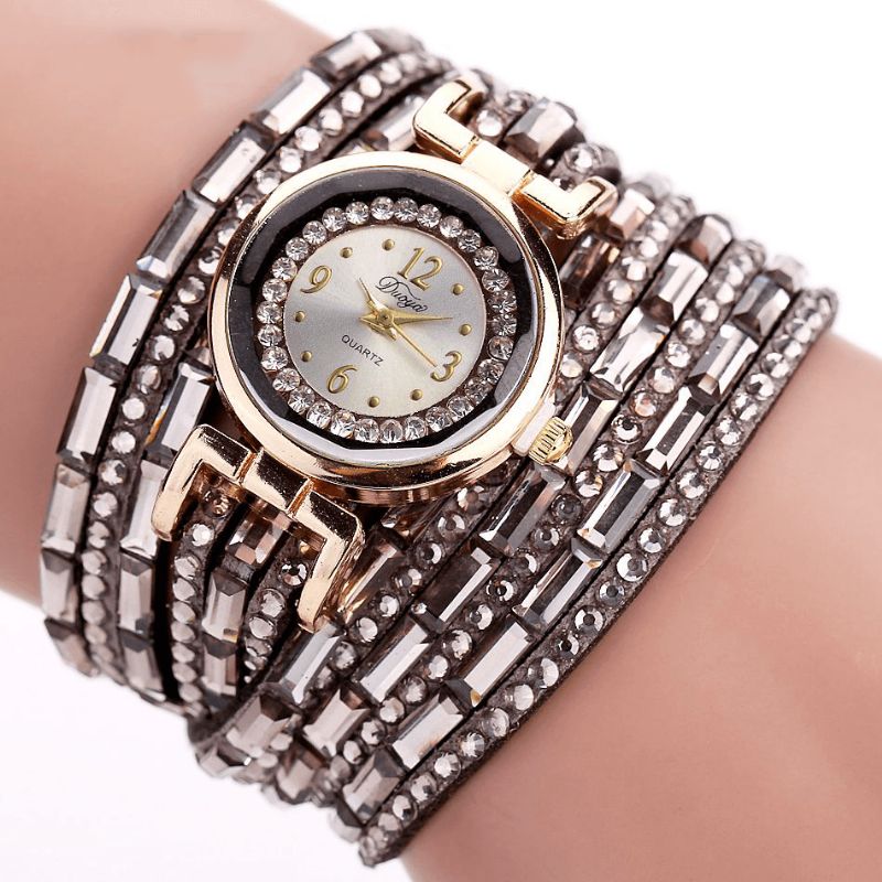 Duoya Dy004 Crystal Casual Style Dame Armbånd Klokke Gull Case Quartz Movement Watches