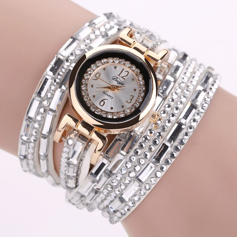 Duoya Dy004 Crystal Casual Style Dame Armbånd Klokke Gull Case Quartz Movement Watches