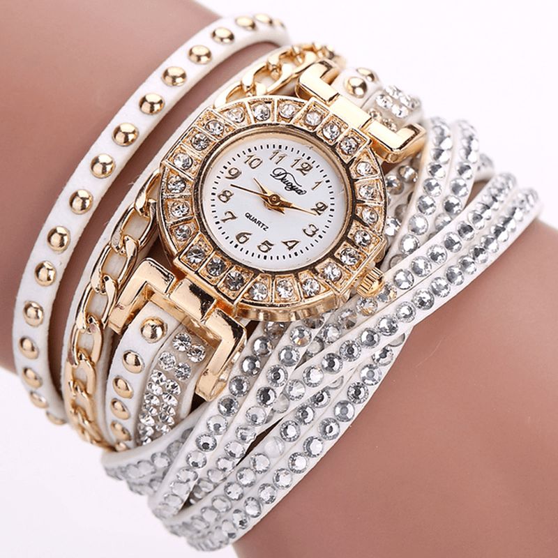 Duoya Luxury Nation Style Crystal Gold Armbåndsur Dame Vintage Quartz Wrstwatches