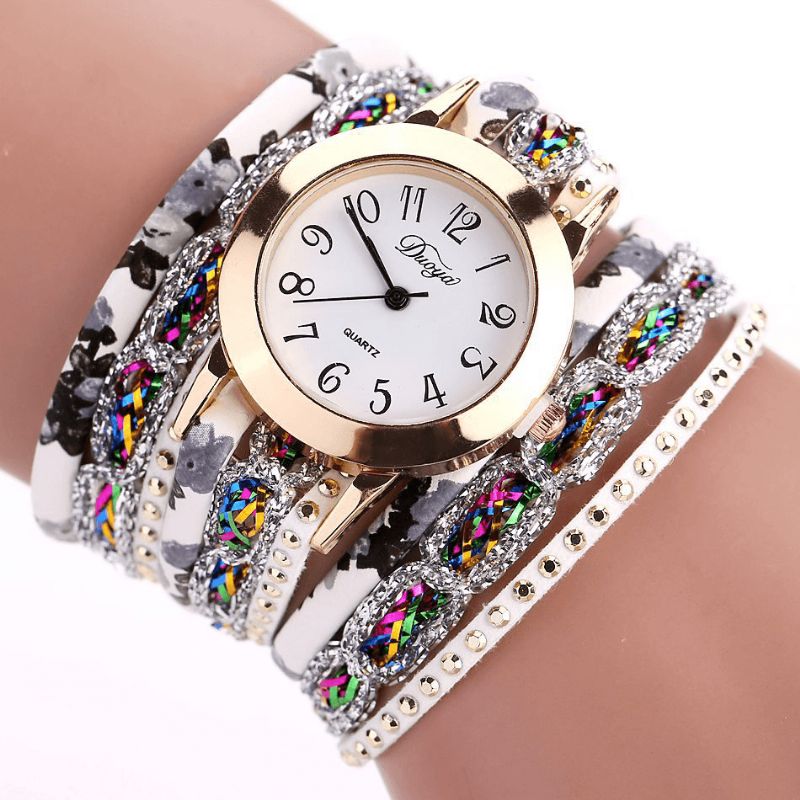 Duoya Retro Style Dame Armbånd Klokke Rhinestone Kvartsklokke