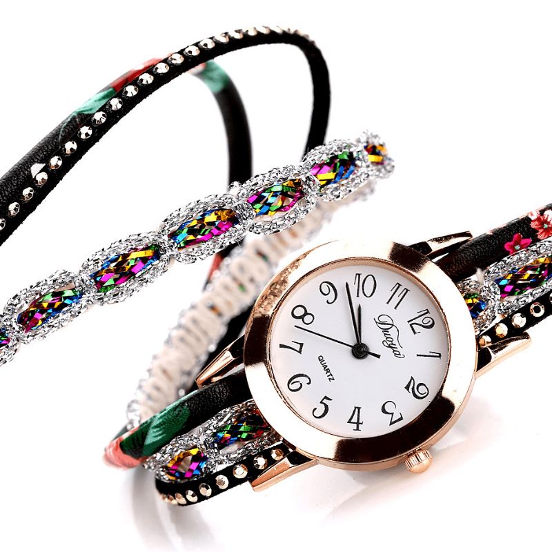 Duoya Retro Style Dame Armbånd Klokke Rhinestone Kvartsklokke