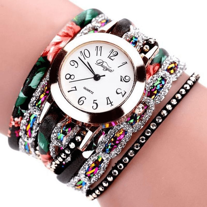 Duoya Xr1886 Retro Stil Armbåndklokke Blomsterbilde Kvartsklokker For Kvinner