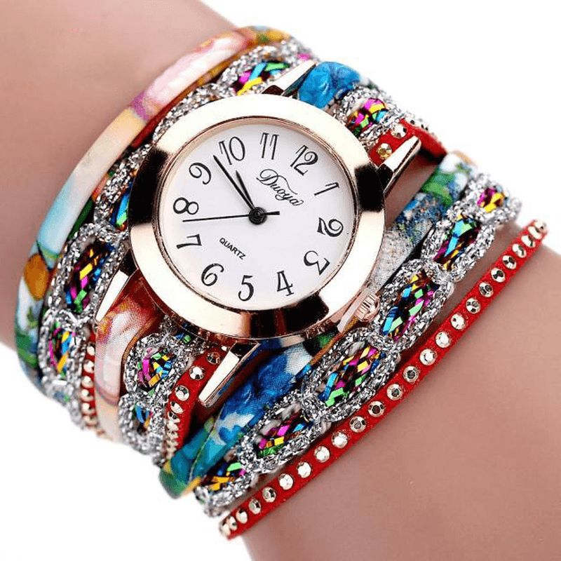 Duoya Xr1886 Retro Stil Armbåndklokke Blomsterbilde Kvartsklokker For Kvinner