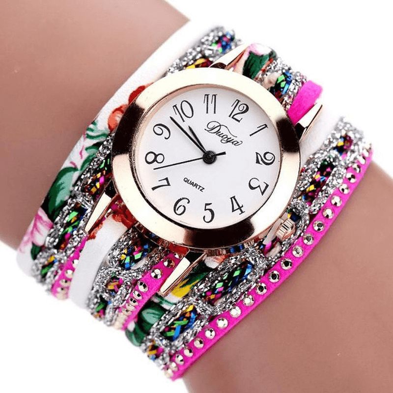 Duoya Xr1886 Retro Stil Armbåndklokke Blomsterbilde Kvartsklokker For Kvinner