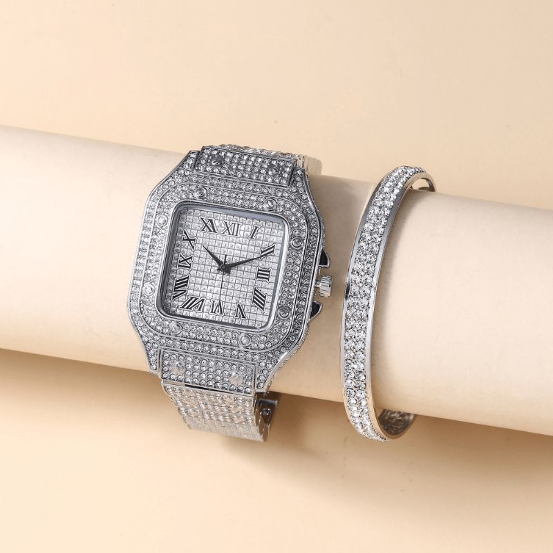 Fashion Alloy Business 2 Stk Square Full Diamond Steel Band Kvartsklokke Armbånd Sett