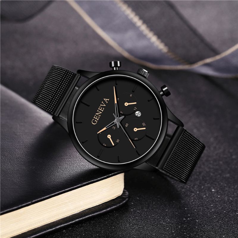 Fashion Alloy Menn Business Watch Dekorert Pointer Calendar Kvartsklokke