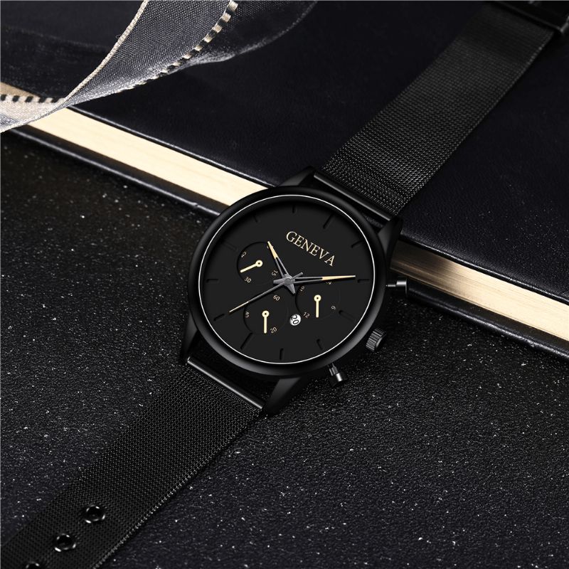 Fashion Alloy Menn Business Watch Dekorert Pointer Calendar Kvartsklokke